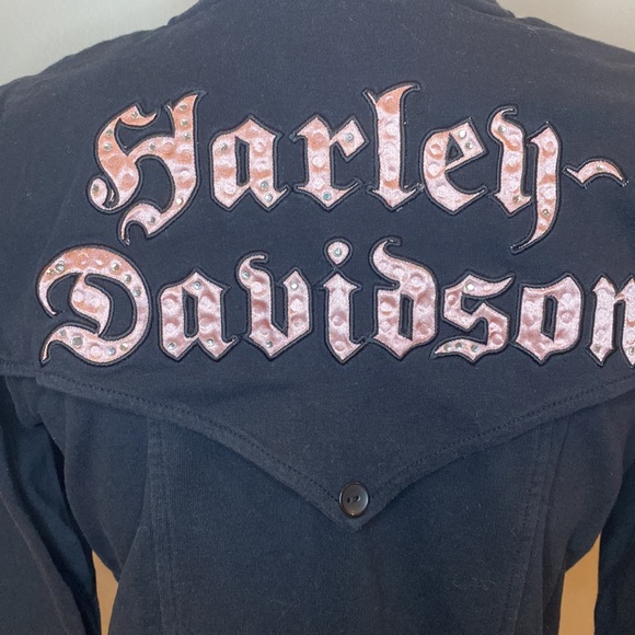 Womens Harley Davidson black full zip sweatshirt pink satin trim jeweled biker - Picture 7 of 10